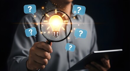 Person holding magnifying glass over glowing light bulb surrounded by question marks and digital connections symbolizing innovation and problem solving