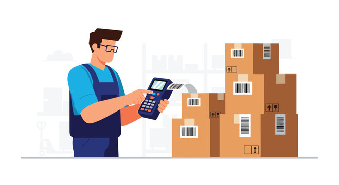 Efficient worker scanning boxes for delivery with handheld device in warehouse, ensuring accurate inventory and speedy logistics operations