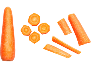 Assorted carrot slices isolated on transparent background, perfect for healthy eating and food visuals.