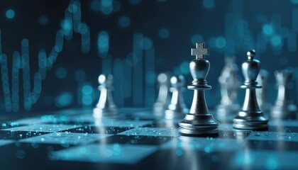 Silver chess pieces on board. Digital graph background. Strategy game, intellect, smart tactics. Future tech, data analysis. Planning moves, mental challenge. Complex decision making.