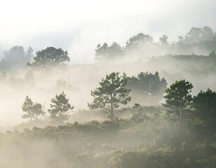Hilly landscape shrouded in ethereal mist with evergreen trees