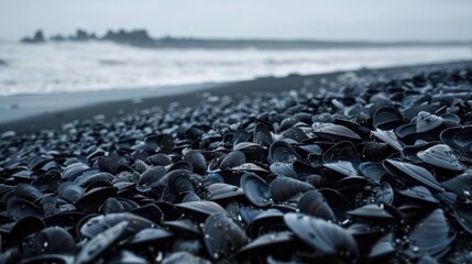 Obraz premium A close-up view of black seashells scattered on a dark sandy beach. The ocean waves gently lap at the shore in the background under a cloudy sky.