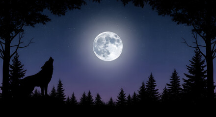 Silhouette of a wolf howling at the full moon in a forest under a starry night sky illustration
