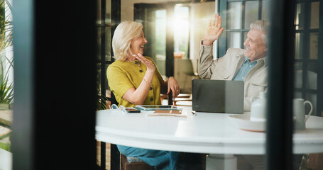 Laptop, planning and high five with old couple in home for retirement fund, investment growth and success. Online banking, account profit and pension bonus with senior man and woman in house