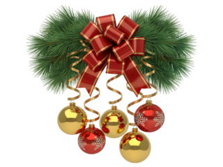 Festive Christmas decoration with a red bow green pine branches and five golden and red ornaments isolated on transparent background