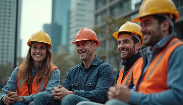 Construction workers in hard hats and vests take a break together, laughing and talking. They sit outdoors with city buildings in background. This portrays a moment of camaraderie and teamwork.
