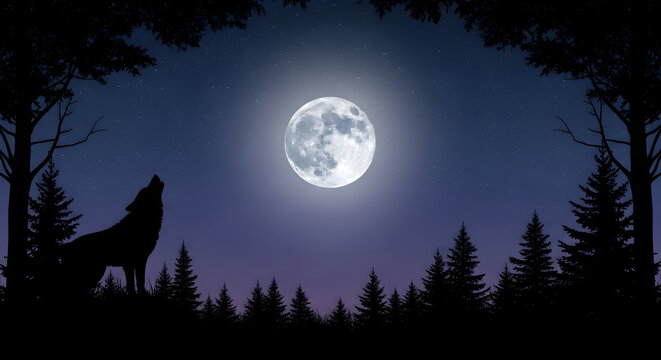 Silhouette of a wolf howling at the full moon in a forest under a starry night sky illustration
