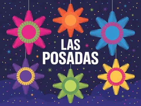 Colorful star shaped pi atas hanging against a starry night sky for las posadas