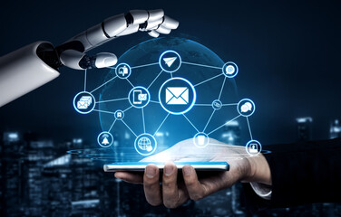 Naklejka premium Artificial intelligence supports email communication, managing inboxes, filtering spam, sending secure messages, and improving digital messaging efficiency. Entice