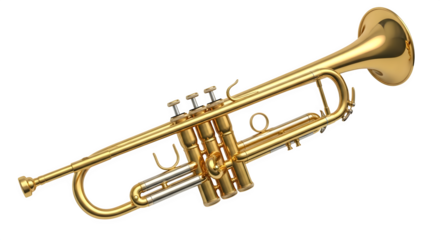 Golden brass trumpet musical instrument with valves and bell isolated on transparent background