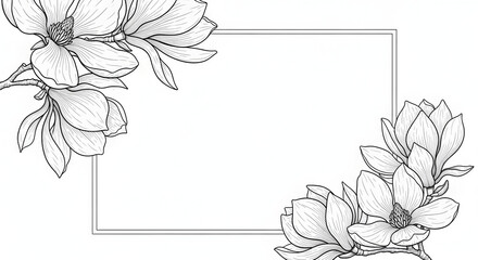 Elegant magnolia flower outline frame with black and white floral design for greeting card template