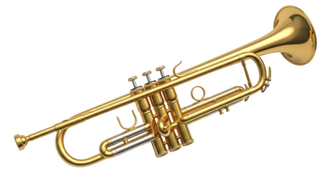 Golden brass trumpet musical instrument with valves and bell isolated on transparent background