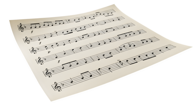 A single sheet of vintage music notation with handwritten musical notes and symbols isolated on transparent background