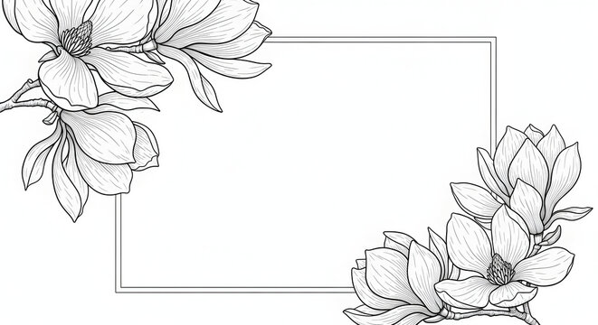 Elegant magnolia flower outline frame with black and white floral design for greeting card template