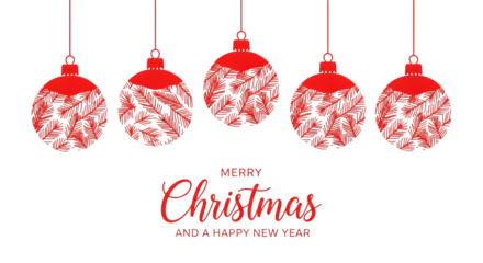 Five red christmas baubles with white leaf pattern hanging on red strings