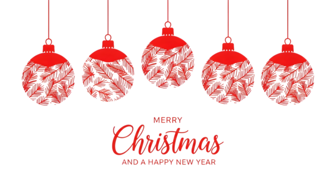 Five red christmas baubles with white leaf pattern hanging on red strings