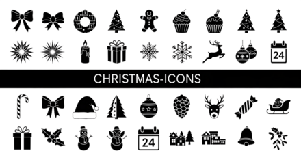 A collection of black and white christmas icons including gifts, trees, snowflakes, and a snowman