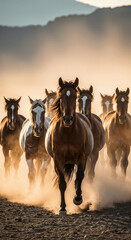 Fototapeta premium Wild herd of mustangs dashes towards camera in thrilling vertical view. Capture dynamic energy and untamed spirit with wild herd running, presenting freedom and strength.