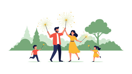 Celebration of Family Moments with Sparklers: A happy family gathered in a park, celebrating with sparklers creating a bright spectacle against the soft background of a summer day.