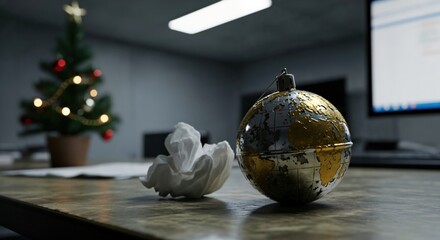 World map Christmas ornament and crumpled paper on an office desk, with a festive tree and computer monitor in the background, symbolizing global issues.