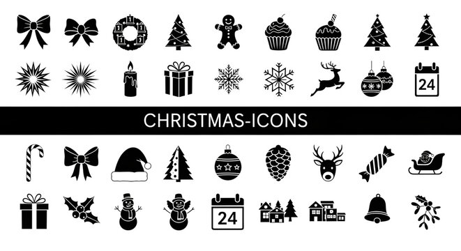 A collection of black and white christmas icons including gifts, trees, snowflakes, and a snowman
