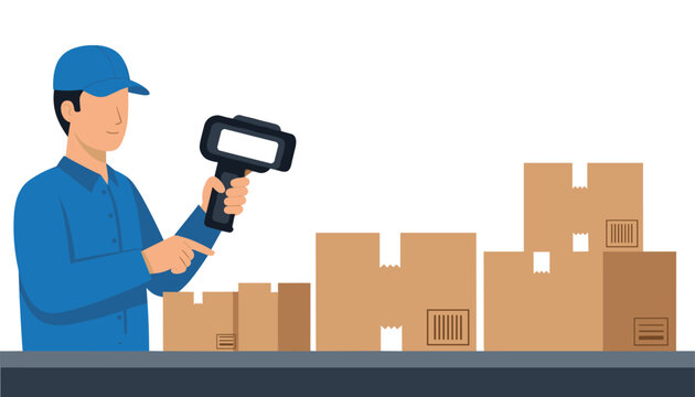 Warehouse worker scanning packages with handheld device, streamlining logistics and inventory management for efficient supply chain operations - Powered by Adobe