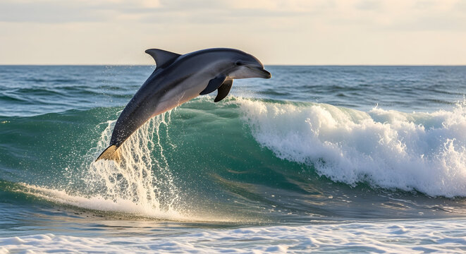 A dolphin leaps dramatically from a wave with ocean horizon and sky in the background at sunset hour - Powered by Adobe