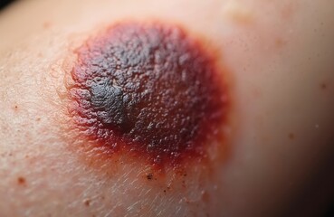 Fototapeta premium Close up view of malignant melanoma skin lesion. Dark irregular mole on human epidermis, indicative of cancerous growth. Medical macro shot.