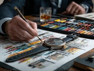 Watch Design Process: A close-up view of a designer at work, meticulously bringing a watch design to life with brushstrokes. The workspace is a canvas of creativity.
