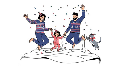 Joyful Family Celebration: A joyful family celebrates with a festive scene with jumps in the bedroom, capturing the intimate essence of togetherness and happiness.
