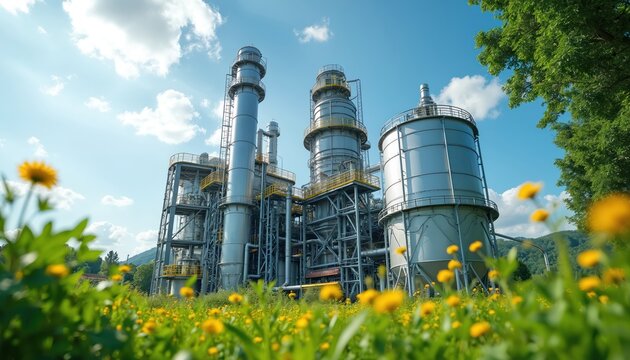 Large biofuel plant in vibrant green field with yellow flowers under blue sky. Eco tech industrial complex produces clean energy. Modern facility sustainable power generation, environmental harmony,