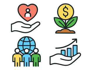 A collection of four simple, colorful icons representing concepts of care, financial growth, global community, and investment, displayed on a white background.