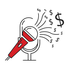 A stylized illustration depicts a red microphone emitting dollar signs, symbolizing the concept of earning money through speaking or broadcasting.