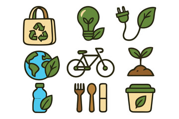 A collection of icons representing environmental sustainability, including a reusable shopping bag, a lightbulb with leaves, an electrical plug with a leaf, the Earth with leaves, a bicycle, a plant