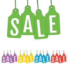 A collection of colorful sale tags are hanging against a white background, representing retail and commercial promotions.
