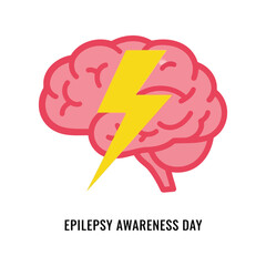 Epilepsy awareness brain lightning bolt symbol for neurological disorder support isolated on white background, Vector
