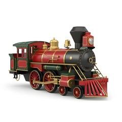 Fototapeta premium Nostalgic toy steam train with red and green Christmas colors, a classic old locomotive isolated on a pure white background