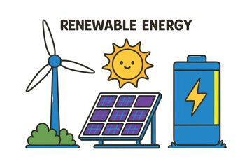 Renewable energy sources including a wind turbine, solar panel, smiling sun, and a battery are depicted in a simplified illustration.