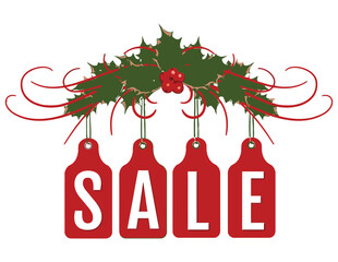 Four red sale tags hang from a festive holly garland, symbolizing a holiday shopping event.