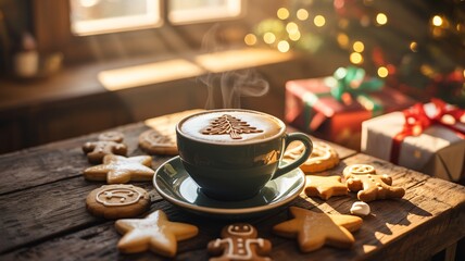 Steaming cappuccino with Christmas tree art and gingerbread men photo