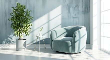Contemporary light blue armchair situated near a small table and green potted plant gleams with sunlight