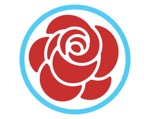 A stylized red rose with a light blue circle border is presented as a graphic symbol.