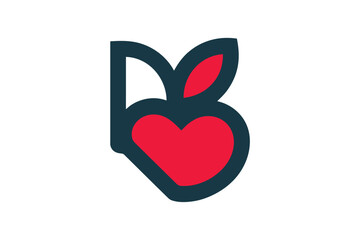 A stylized red heart shape with a leaf and a dark outline is integrated with a stylized dark blue letter 'b' on a white background.