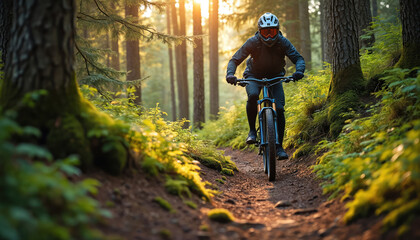 Man rides mountain bicycle on forest dirt path. Cyclist wears helmet and goggles, rides through green trees during golden hour. Outdoors leisure and sport activity.