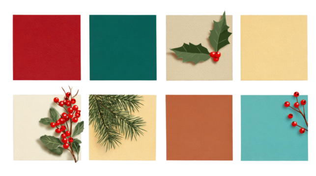 Christmas sticky notes. A set of christmas sticky notes, cards, featuring different colors and textures, with a square shape and holly leaves and berries, flat, simple, minimalistic, modern... - Powered by Adobe