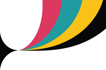 A graphic design featuring a series of curved, colorful bands emerging from a black shape against a white background.
