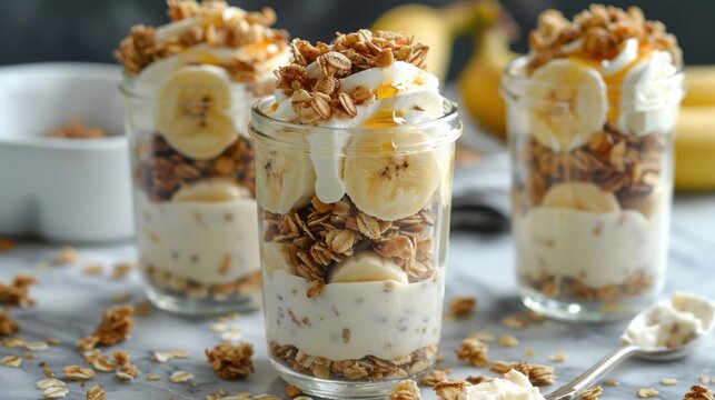 Three glasses filled with yogurt, sliced fruit, and granola topping on a table top