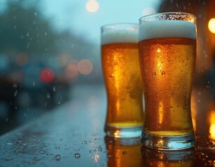 Two cold beer glasses on wet wooden table surface. Golden lager with thick white foam head. Condensation droplets visible on glass surface. Rain falls outside window in evening. Blurred city street