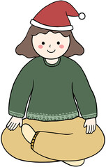Cartoon happy Girl sitting and wearing in Christmas winter clothes