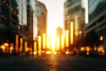 Golden data bars rising over futuristic city skyline, representing digital finance, growth, analytics, and innovation concept.
